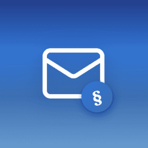 Illustration of an email envelope icon with a legal section symbol (§) badge on a blue gradient background with wave patterns, symbolising secure email for lawyers.