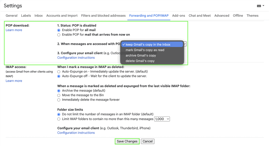 Screenshot of Gmail's POP3 settings.