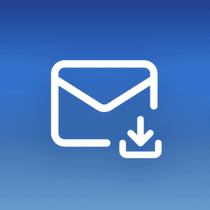 llustration of an email envelope icon with a download arrow badge on a blue gradient background, representing Gmail POP3 support.