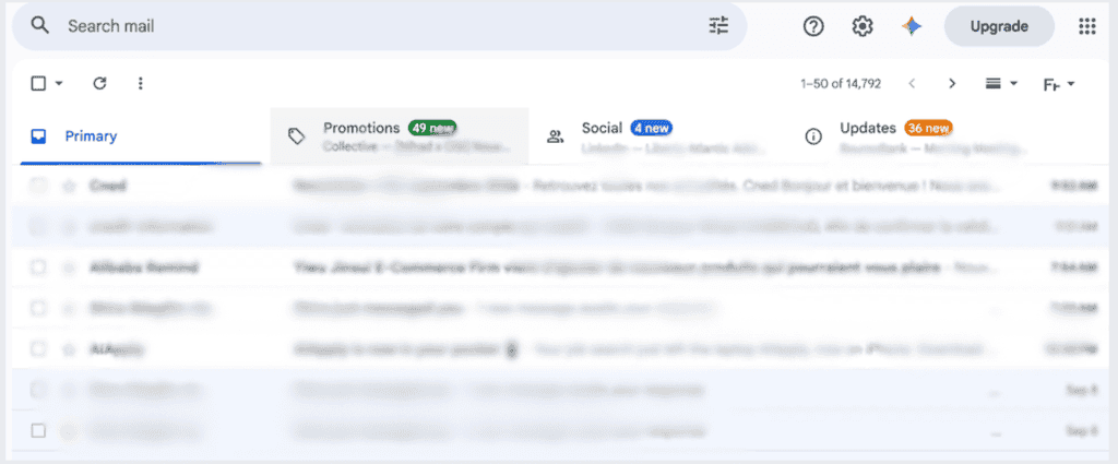 Gmail inbox showing the Primary, Promotions, Social and Updates tabs
