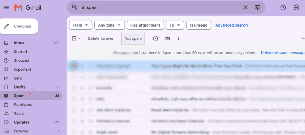 Gmail Spam folder with the Not spam button highlighted