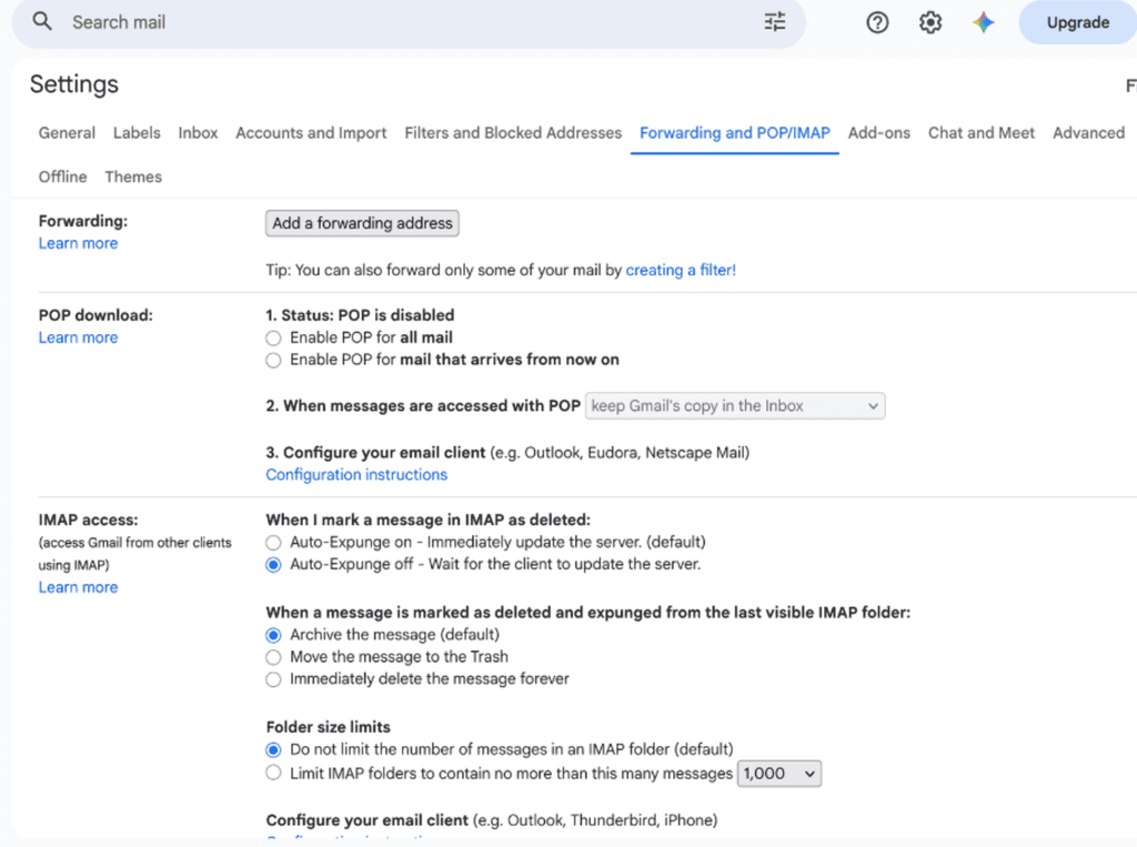 Gmail Forwarding and POP/IMAP settings page