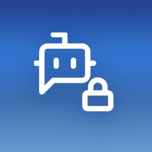 Illustration of an AI chatbot icon with a padlock nested in the corner, on a blue gradient background with wave patterns, symbolising private AI that keeps your prompts inside a boundary you control.