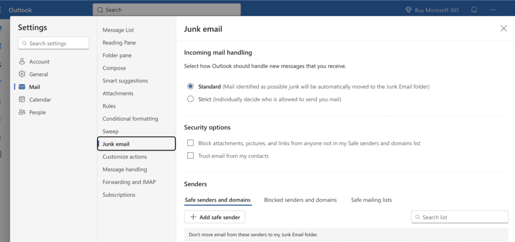 Junks tab and settings on Outlook