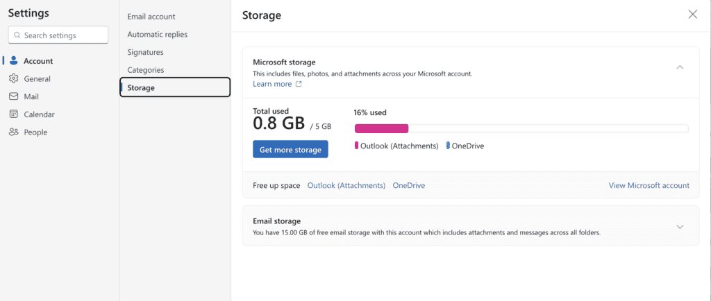 Outlook.com storage settings showing mailbox and cloud storage usage