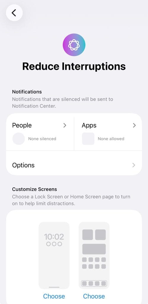 iPhone Reduce Interruptions Focus screen with Mail added to the allowed Apps list