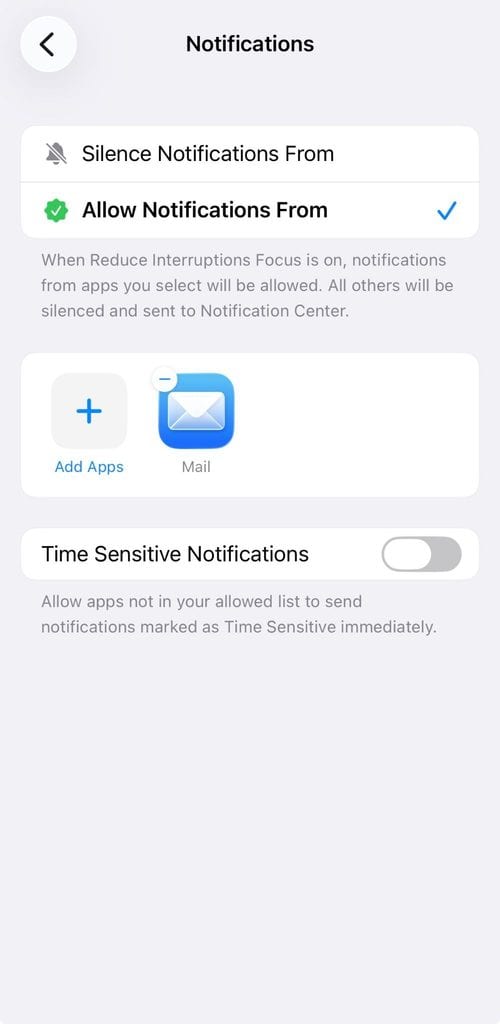 iPhone Focus notifications screen set to Allow Notifications From with Mail selected