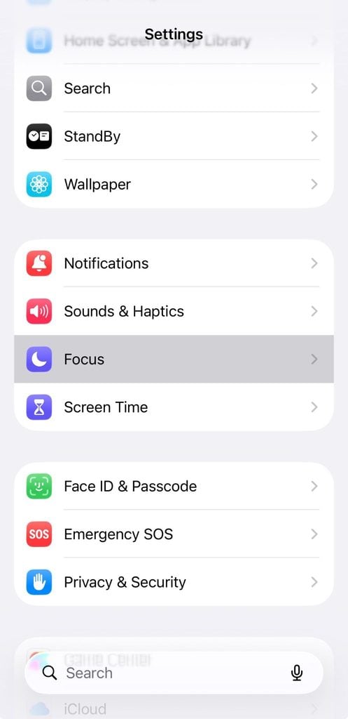 iPhone Settings screen with Focus highlighted in the main list