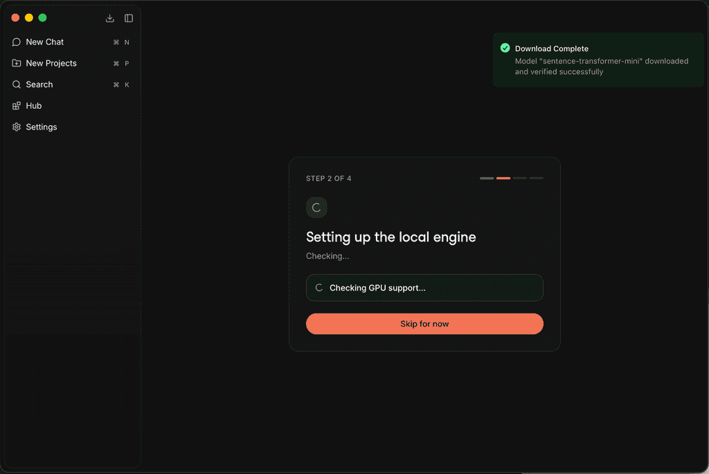 Jan desktop app interface showing a local AI model ready for private conversation.