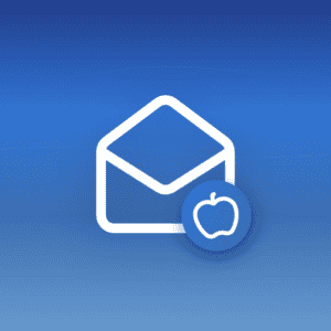 Illustration of an open envelope icon with an apple badge on a blue gradient background with wave patterns