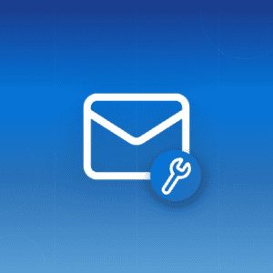 Illustration of an email envelope icon with a wrench icon on blue gradient background with wave patterns, symbolizing fixing missing Outlook emails.