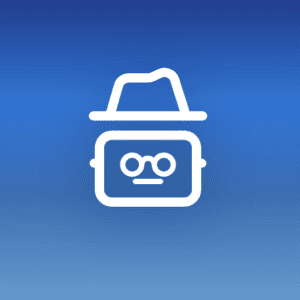 Illustration of a robot icon wearing a detective hat and glasses on a blue gradient background with wave patterns, symbolizing a private AI assistant in disguise.