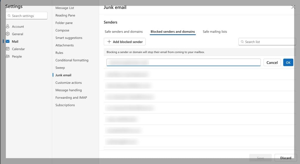 Screenshot of classic Outlook’s Junk E-mail Options window, showing the Blocked Senders tab.