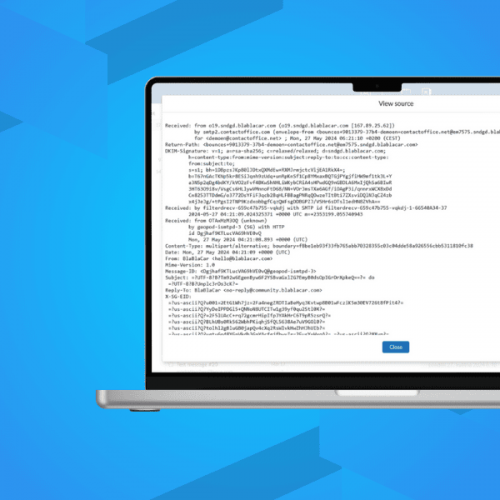 laptop screenshot of email headers in mailfence user interface