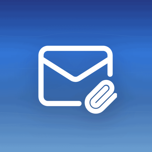 White email envelope icon with a paperclip symbol on a blue gradient background with subtle wave patterns