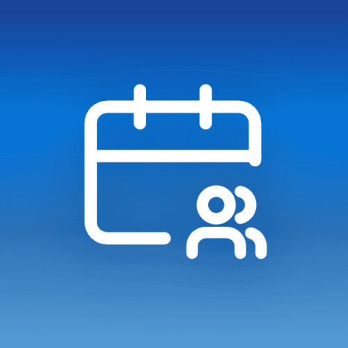 Illustration of a calendar icon with a users icon on a blue gradient background with wave patterns, symbolising shared family scheduling and coordination via the best family calendar app.
