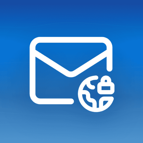 Illustration of a mail envelope icon with an earth-lock badge on a blue gradient background with wave patterns, symbolising secure email protection against EU Chat Control surveillance