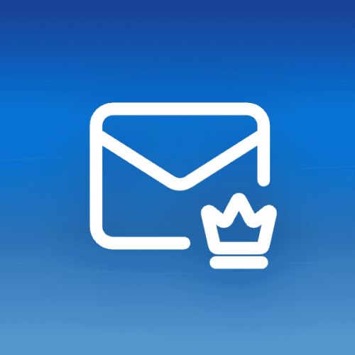 Illustration of an email envelope icon with an integrated crown icon on a blue gradient background with wave patterns