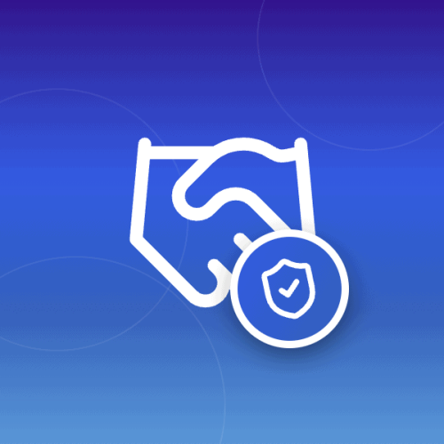 Illustration of business handshake with security shield and checkmark badge on blue gradient background, symbolizing trusted partnerships protected by verified email security for small businesses.
