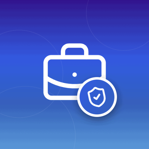Featured image for enterprise email security showing briefcase icon with shield-check verification badge on wave-patterned gradient background, representing secure business communications and protection against cyber threats.