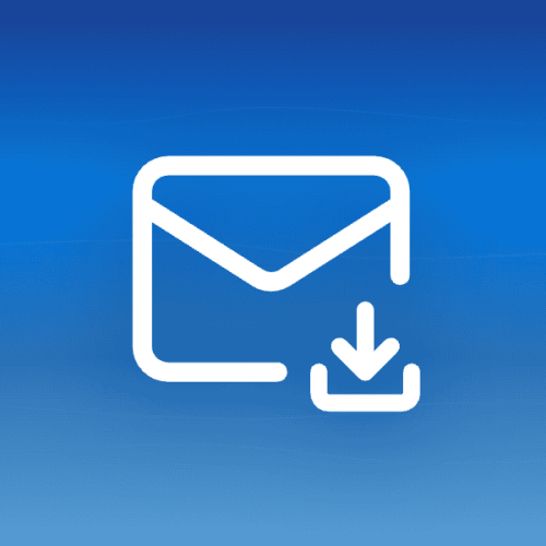 llustration of an email envelope icon with a download arrow badge on a blue gradient background, representing Gmail POP3 support.