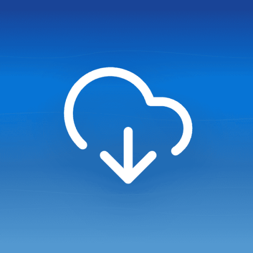 Illustration of a cloud with a download arrow on a blue gradient background with wave patterns and decorative circles, symbolizing cloud file storage security.