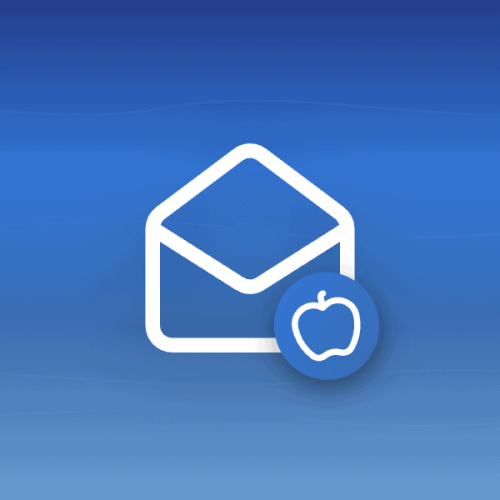 Illustration of an open envelope icon with an apple badge on a blue gradient background with wave patterns