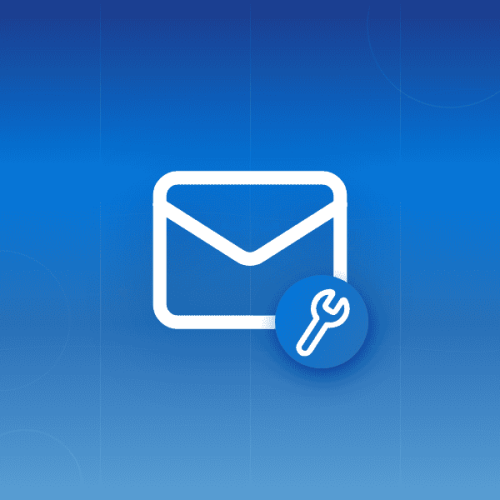 Illustration of an email envelope icon with a wrench icon on blue gradient background with wave patterns, symbolizing fixing missing Outlook emails.