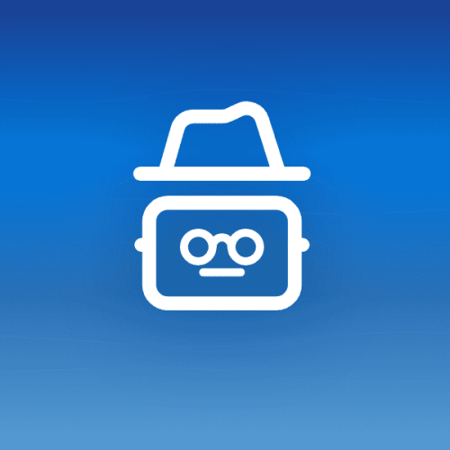 Illustration of a robot icon wearing a detective hat and glasses on a blue gradient background with wave patterns, symbolizing a private AI assistant in disguise.