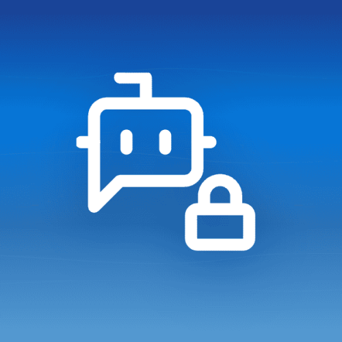 Illustration of an AI chatbot icon with a padlock nested in the corner, on a blue gradient background with wave patterns, symbolising private AI that keeps your prompts inside a boundary you control.