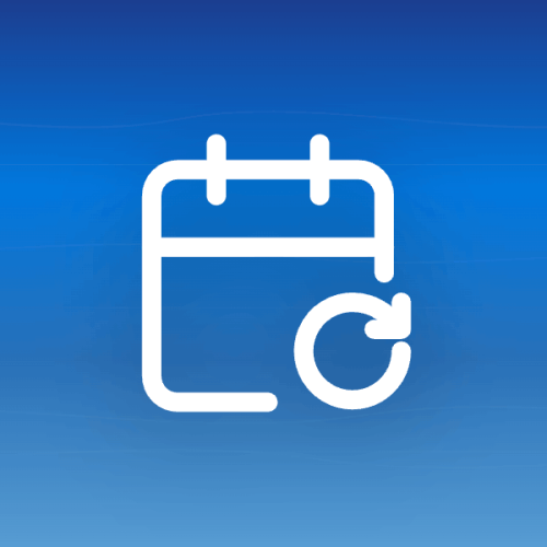 Illustration of a calendar with a circular sync arrow icon on a blue gradient background with wave patterns, symbolizing CalDAV-based two-way calendar synchronization.