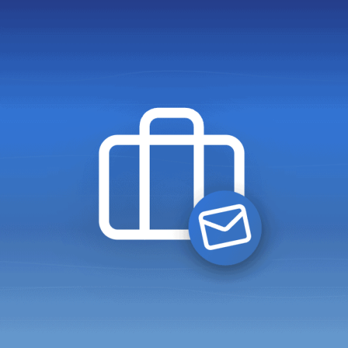 Illustration of a briefcase with a mail envelope on a blue gradient background with wave patterns, symbolising the business of reselling email hosting services.