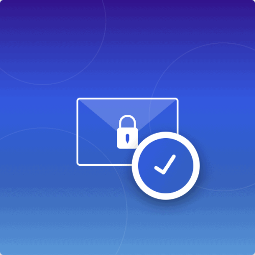 secure-business-email-hostiing-featured-image Illustration of white secure email envelope with lock symbol and verification checkmark badge on blue gradient background, symbolizing encrypted business email hosting with verified security protections.