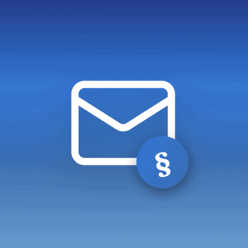 Illustration of an email envelope icon with a legal section symbol (§) badge on a blue gradient background with wave patterns, symbolising secure email for lawyers.
