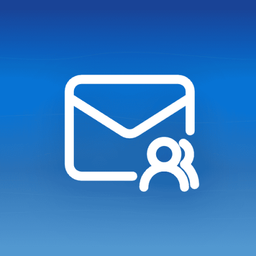 Illustration of an email envelope icon with a group icon on a blue gradient background with wave patterns, symbolizing white label email marketing where agencies rebrand campaign software as their own.