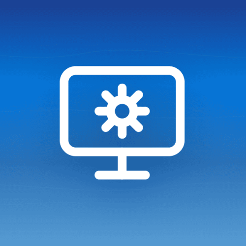 Illustration of a screen and cog icon on a blue gradient background with wave patterns, symbolizing white label email marketing platforms for agencies.