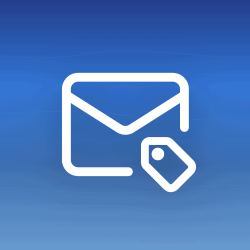Mail icon + tag badge on blue gradient background